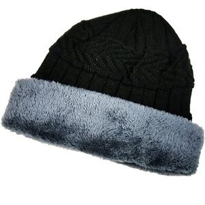 Black Knit Beanie with Gray Faux Fur Trim